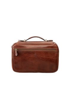 Trousse de toilette de voyage pour homme en cuir italien marron avec trois fermetures éclair sur trois côtés