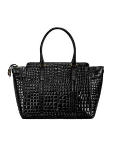 Sac cabas de travail de luxe pour femme en cuir italien noir embossé façon croco avec fermeture éclair