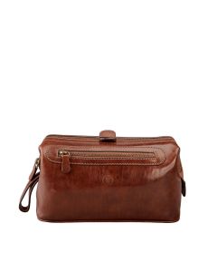 Trousse de toilette de luxe pour homme en cuir marron, fabriquée en Italie, avec une poignée de transport en cuir pleine fleur italien de première qualité, tanné végétal.