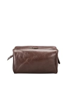 Trousse de toilette en cuir marron foncé pour homme, fabriquée artisanalement en Italie à partir de cuir italien de première qualité.
