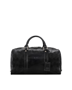 Sac de voyage en cuir italien noir de qualité supérieure, idéal comme bagage cabine. Il est doté d'une poche avant et d'une bandoulière doublée en daim luxueux.