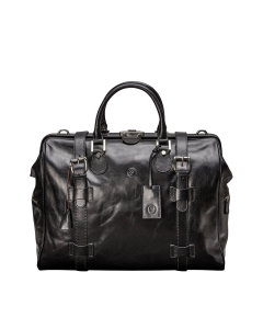 Sac de voyage en cuir noir italien de qualité supérieure, avec serrure et ouverture à cadre. Cuirs italiens de première qualité.